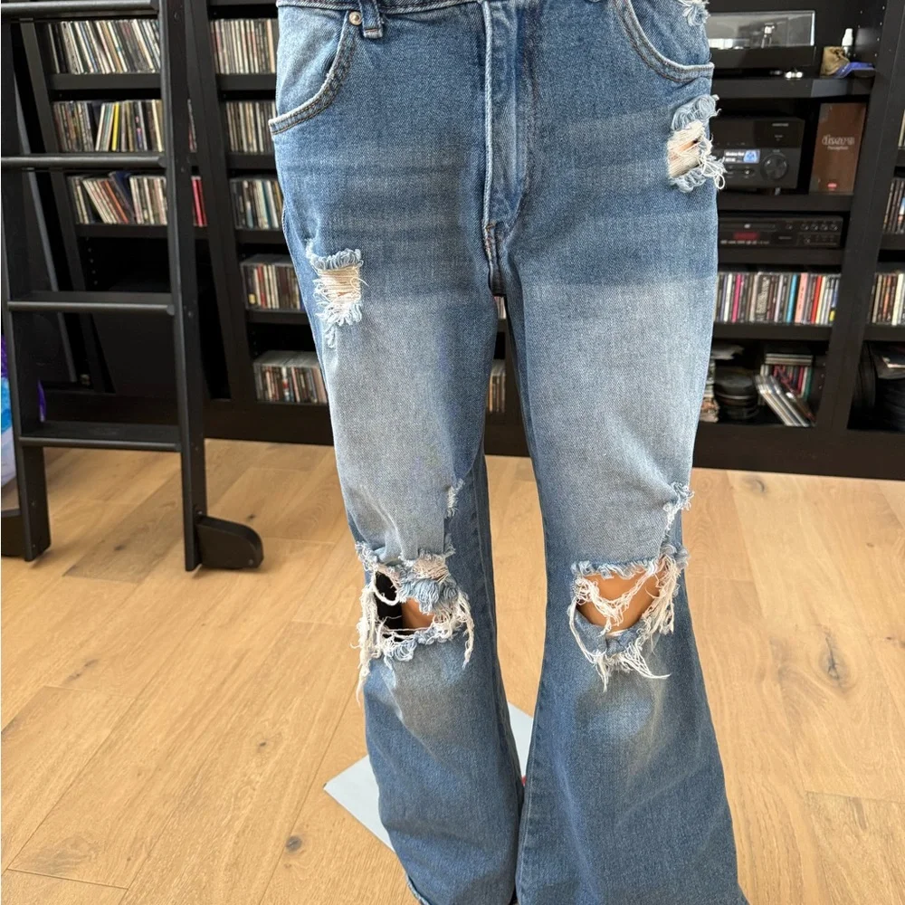 Almost Famous women's Light Blue Distressed flared Jeans
